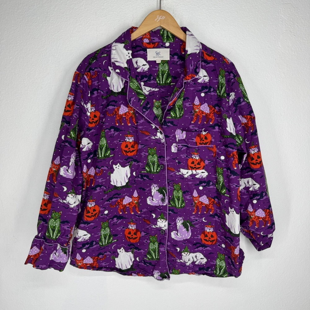 Printfresh Halloween Cats Organic Cotton Pajama Top Purple Size L Spooky Pajamas
